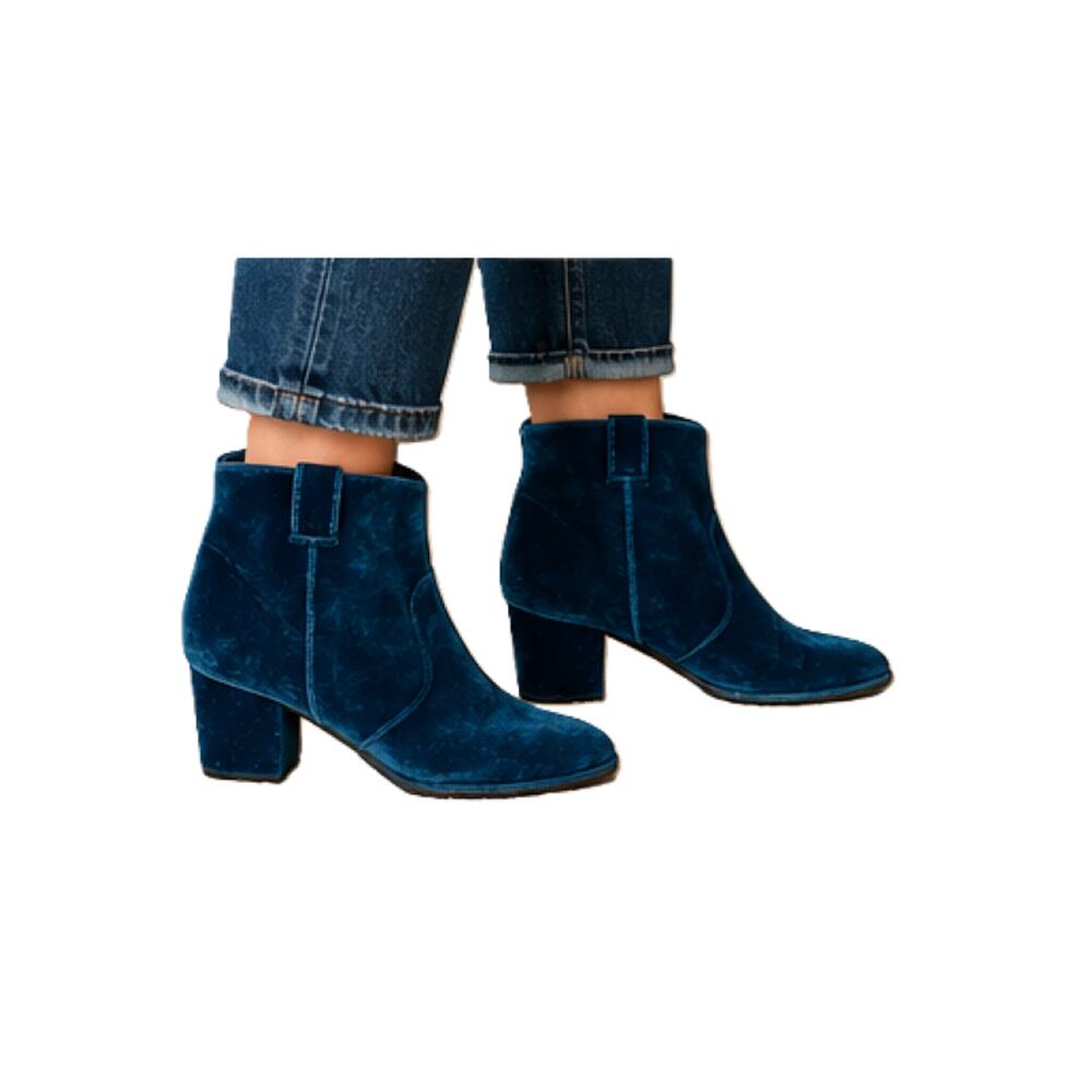 Jeffrey Campbell Boots Womens 7.5 Blue Velvet Block Heel Booties Slip On EUC